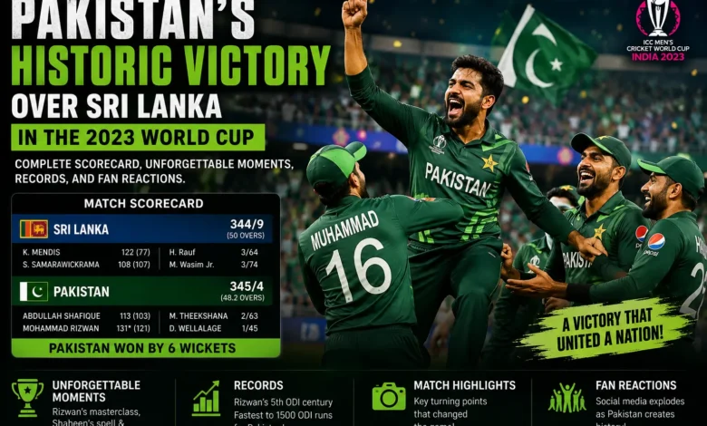Pakistan players celebrating after completing a record ODI World Cup chase against Sri Lanka in Hyderabad 2023
