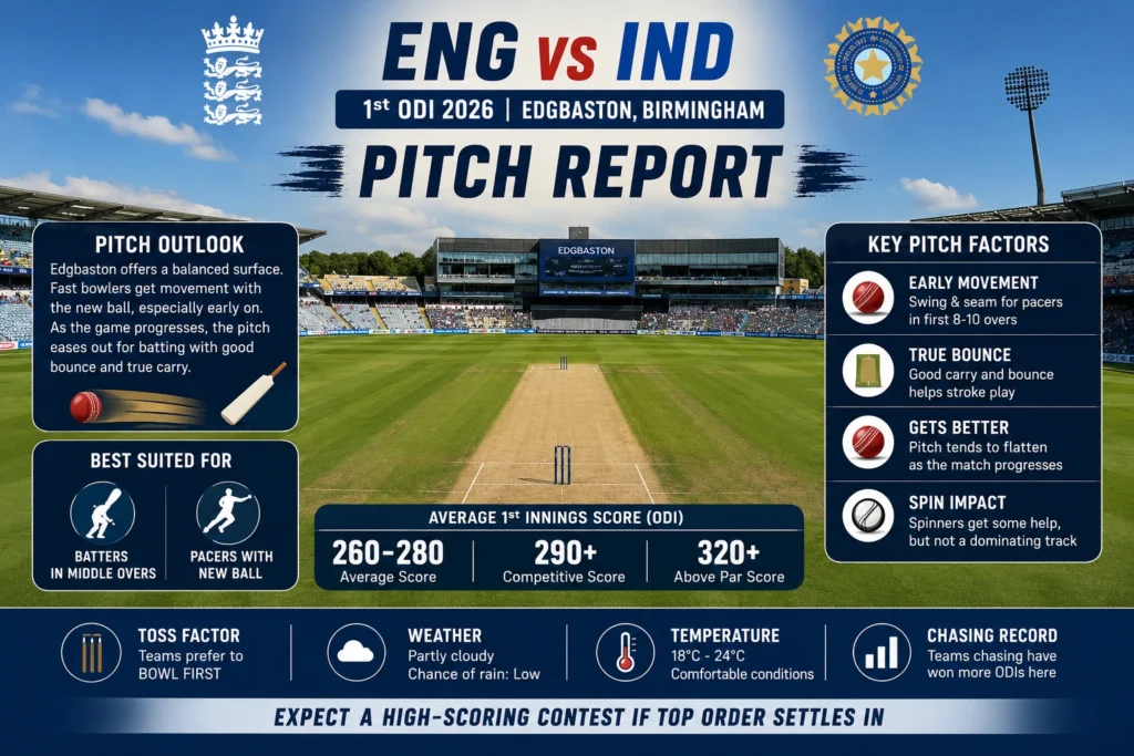 Edgbaston cricket ground pitch report for ENG vs IND 1st ODI 2026