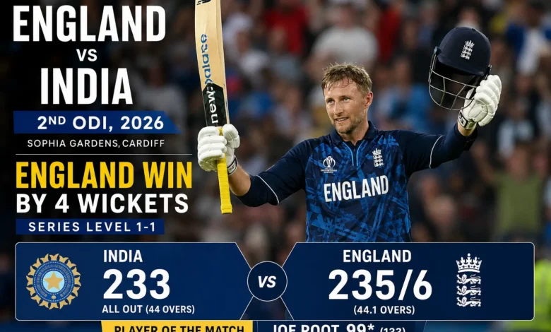 England vs India 2nd ODI 2026 match scorecard at Sophia Gardens Cardiff