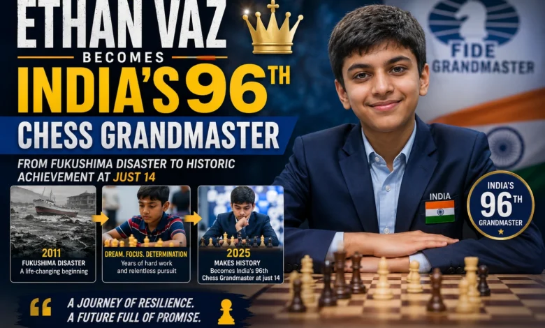 Ethan Vaz celebrating after becoming India's 96th Chess Grandmaster in Sarajevo