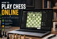 Person playing chess online on a laptop with a digital chessboard