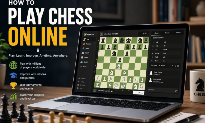Person playing chess online on a laptop with a digital chessboard