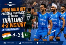 India players celebrate during their 4-3 victory over Pakistan in the FIH Pro League in London