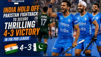 India players celebrate during their 4-3 victory over Pakistan in the FIH Pro League in London