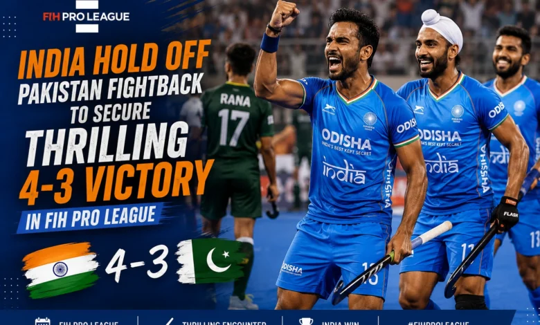 India players celebrate during their 4-3 victory over Pakistan in the FIH Pro League in London