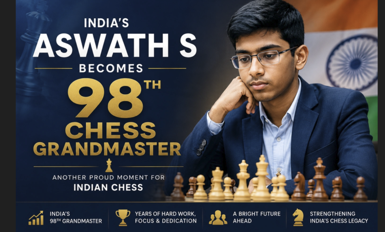 Aswath S celebrating after becoming India's 98th Chess Grandmaster.