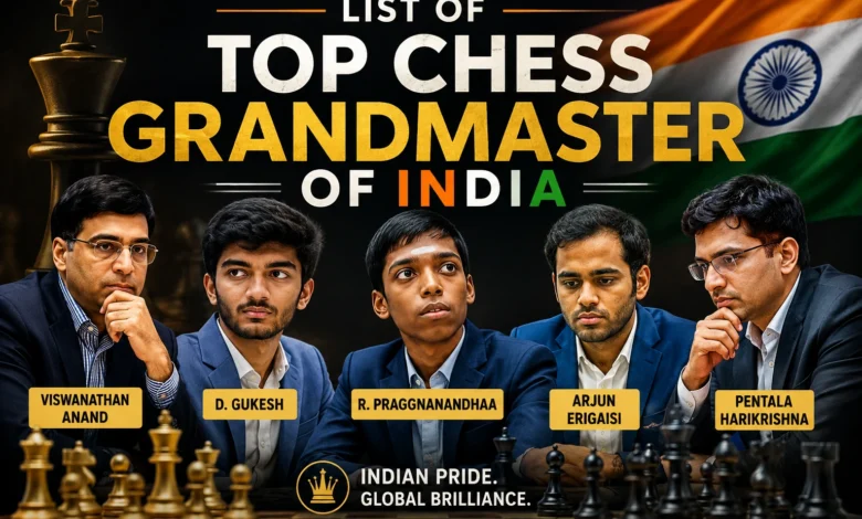 Top chess grandmasters of India including Viswanathan Anand, Gukesh D, and Praggnanandhaa