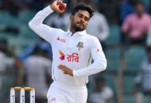 Mehidy Hasan Miraz celebrating after taking a wicket for Bangladesh in an international cricket match