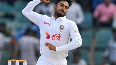 Mehidy Hasan Miraz celebrating after taking a wicket for Bangladesh in an international cricket match