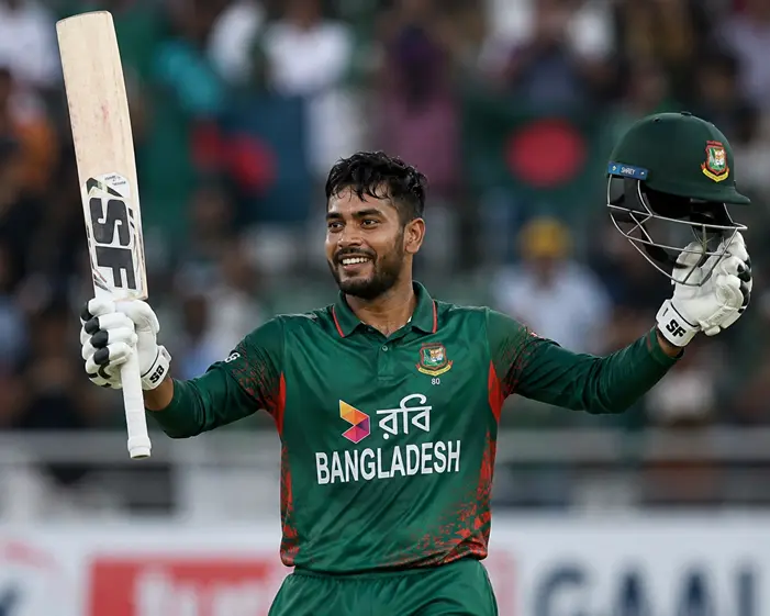 Mehidy Hasan Miraz celebrates his international century for Bangladesh