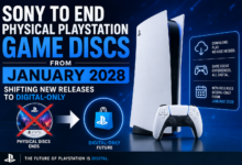 Sony PlayStation digital-only gaming announcement showing the transition from physical game discs to digital downloads in 2028