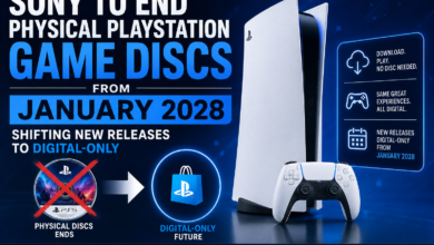 Sony PlayStation digital-only gaming announcement showing the transition from physical game discs to digital downloads in 2028