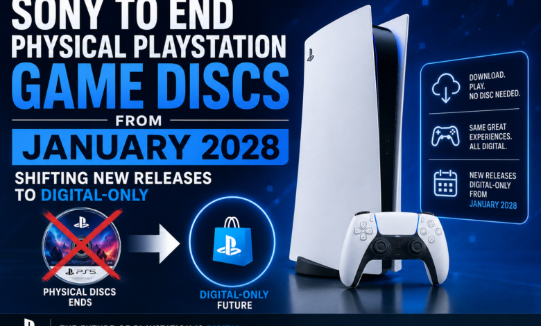 Sony PlayStation digital-only gaming announcement showing the transition from physical game discs to digital downloads in 2028