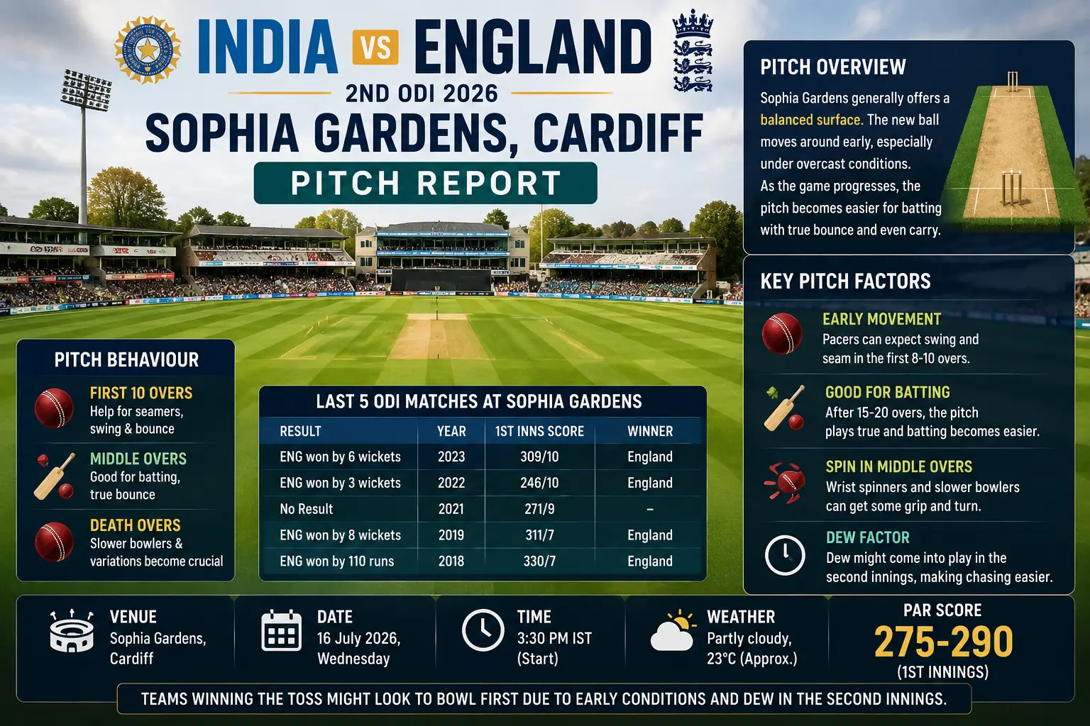 Sophia Gardens Cardiff pitch report for India vs England ODI