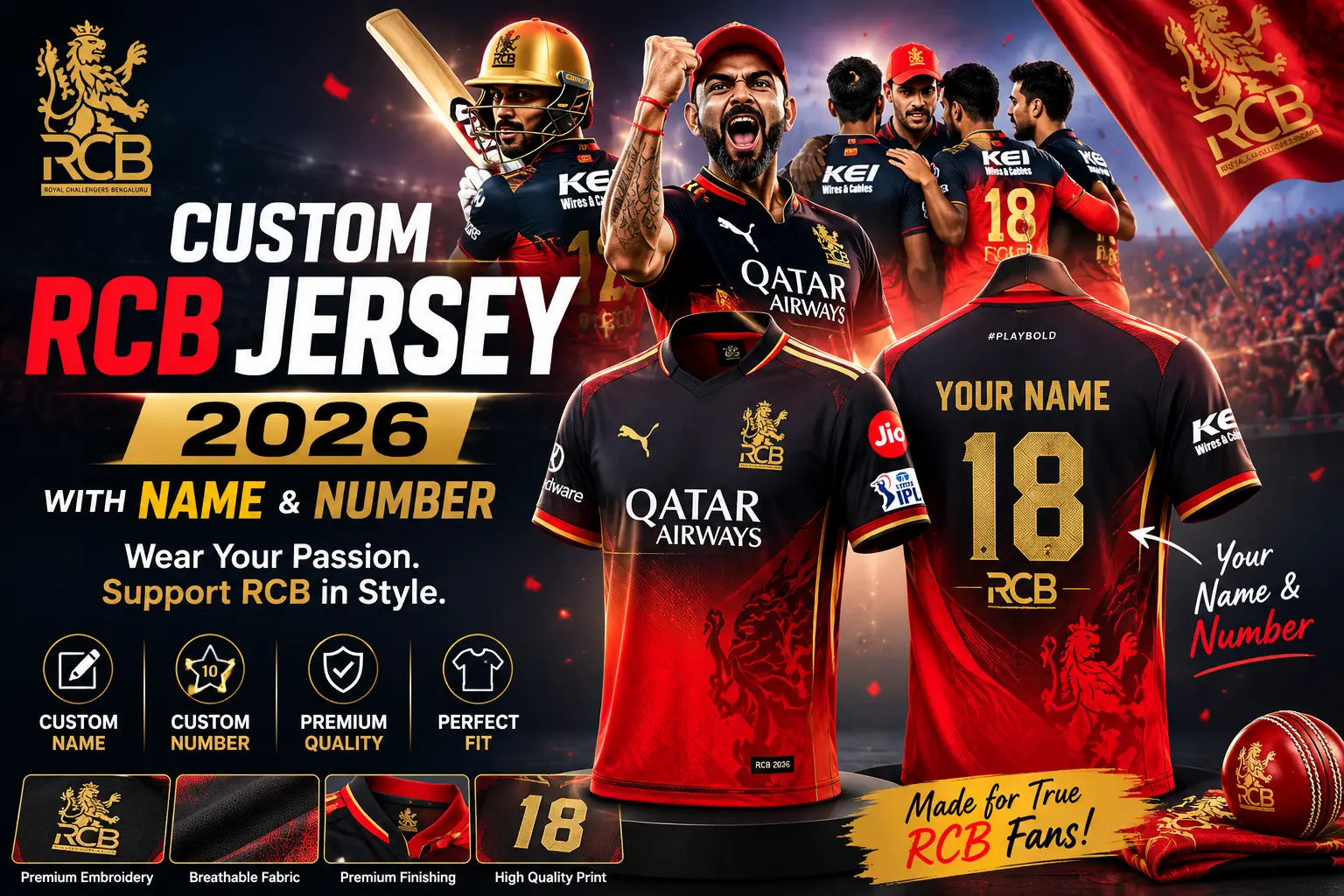 Custom RCB Jersey 2026 with Name & Numbe